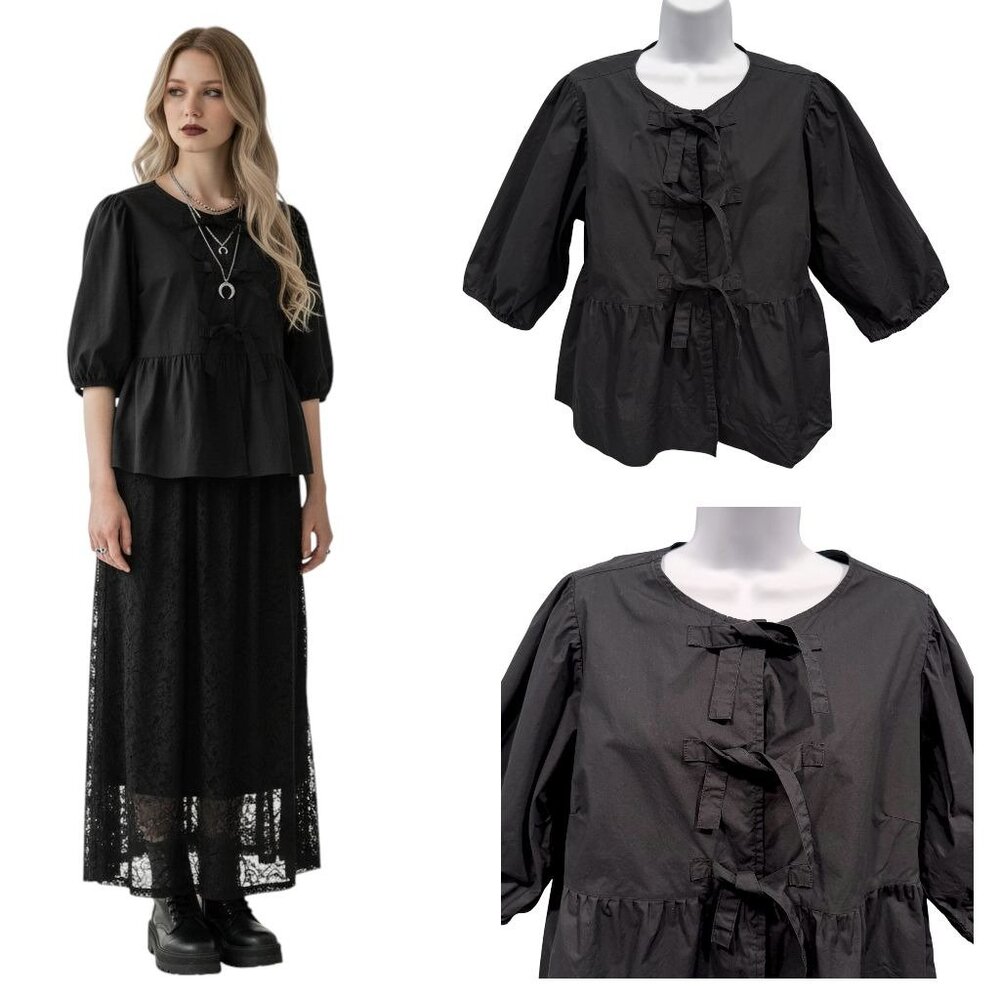 Velvet Heart Babydoll Tie Front Peplum Blouse Black Soft Goth Indie Chic Women M
